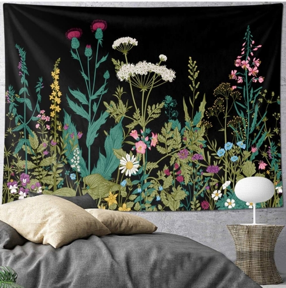 Flower Garden Black Wall Hanging Flowers Big Tapestry Botanical Floral Art New